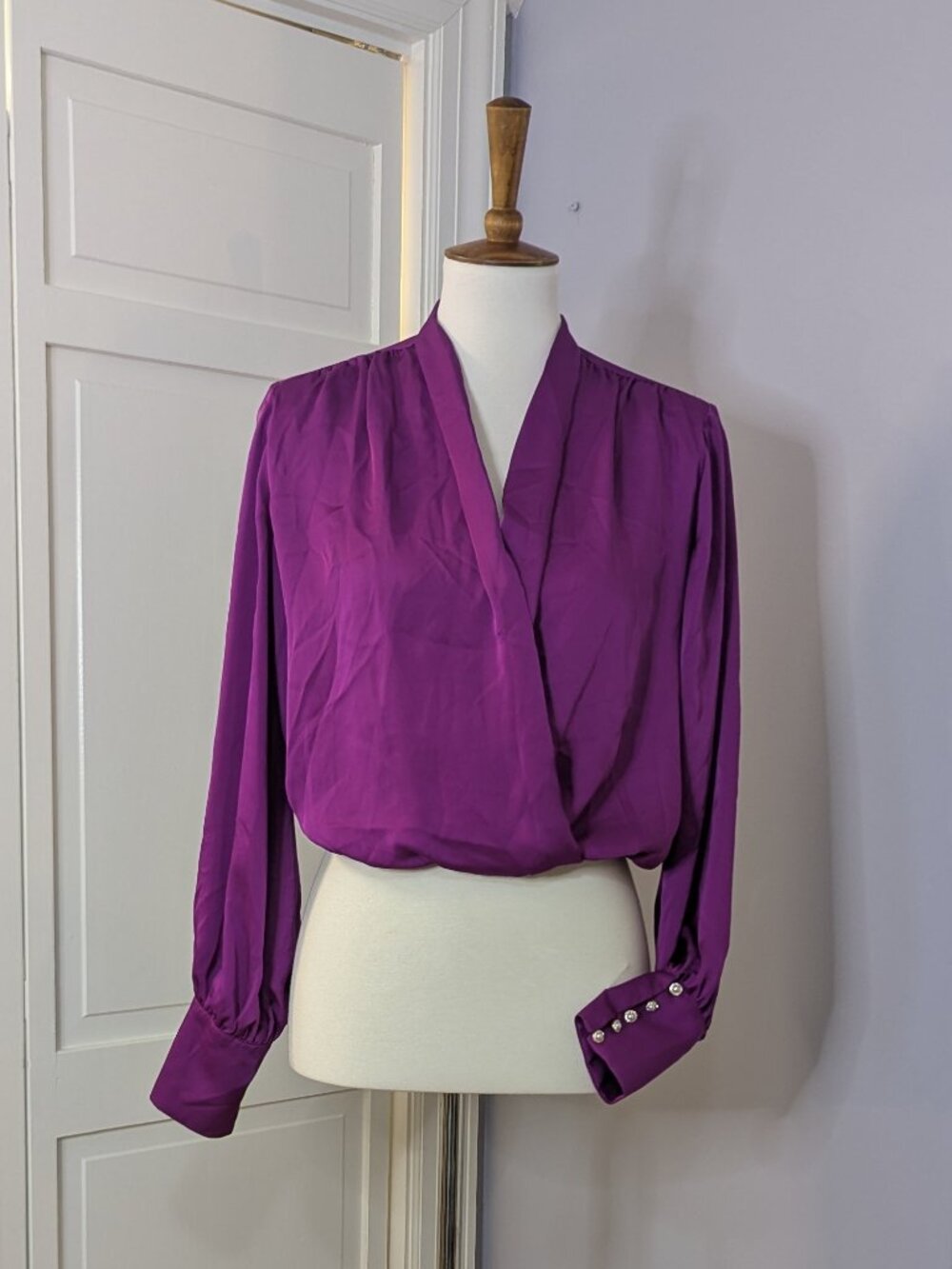 Express Satin Draper Wrap Blouse Long Sleeve